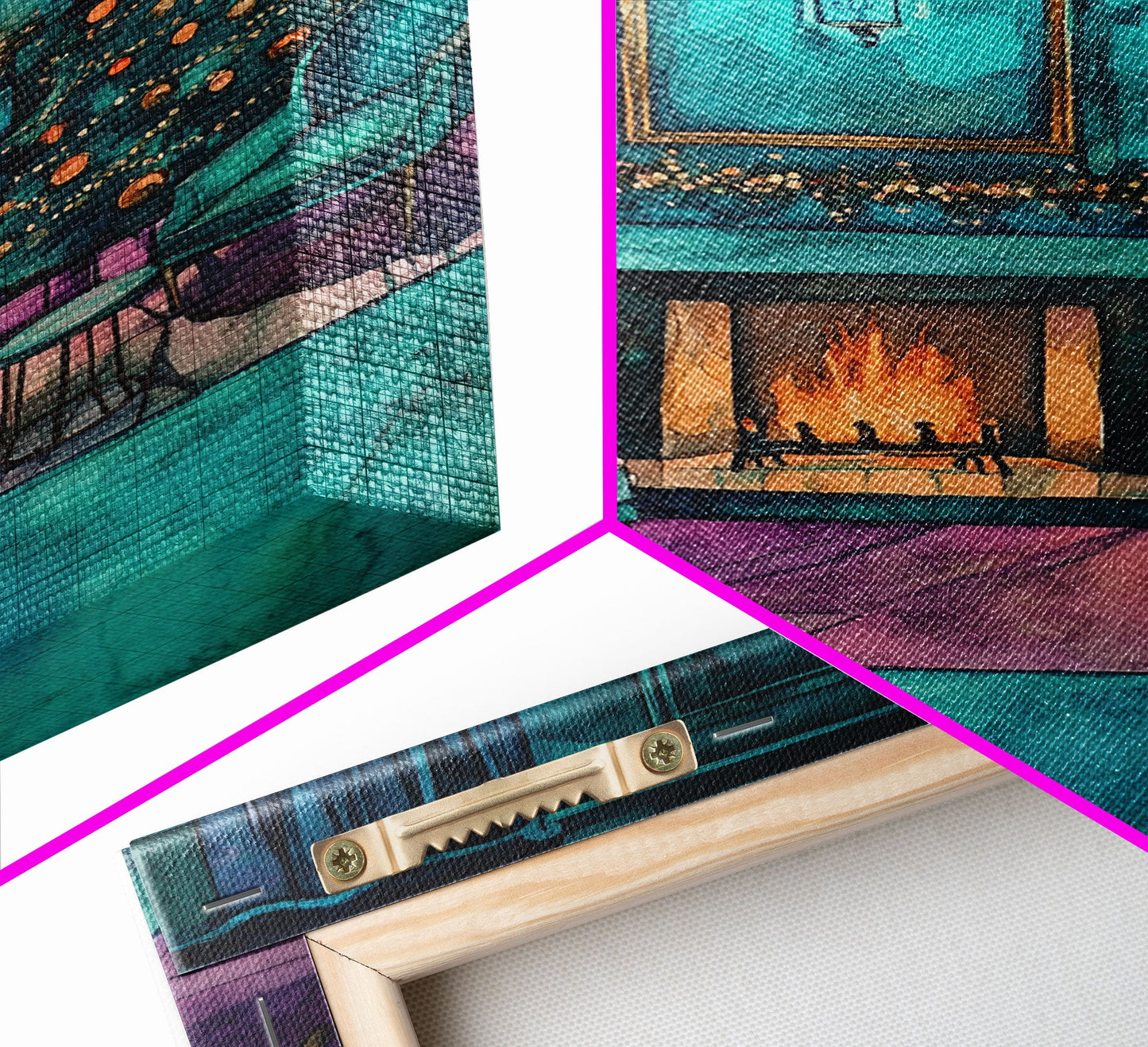 Cozy living room with Christmas tree and fireplace, Framed Canvas Print, Christmas wall art, perfect modern farmhouse holiday decor