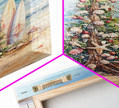 Coastal Christmas tree with surfboards at the beach Framed Canvas Print, tropical holiday wall art beach Christmas decor Christmas prints