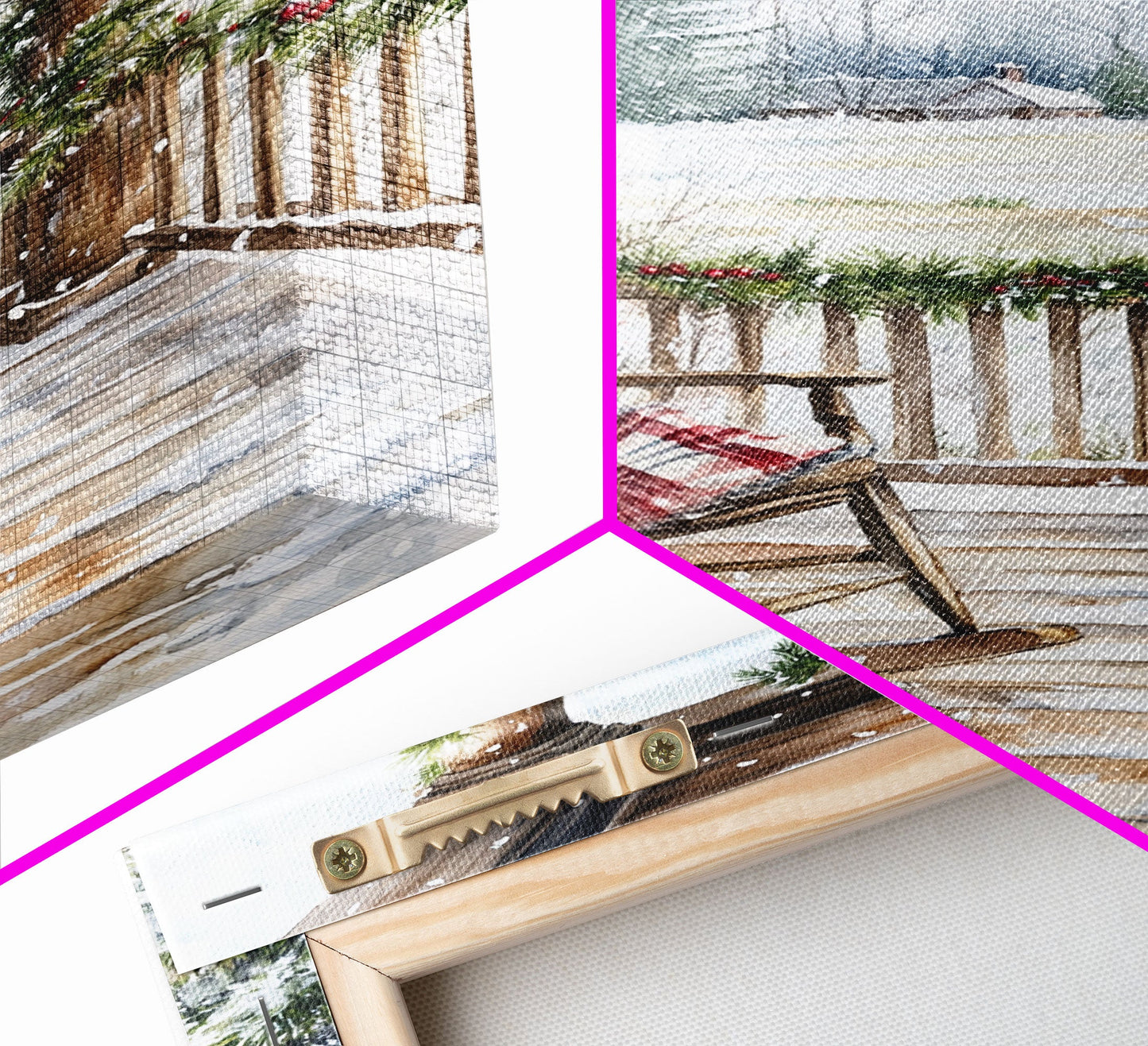 Farmhouse porch decorated with garland and cozy rocking chair, Framed Canvas Print winter decor idea for rustic home Christmas wall art