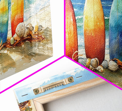 Colorful surfboards Christmas wall art, beach holiday decor, coastal Christmas art, framed canvas print, tropical Christmas art gift