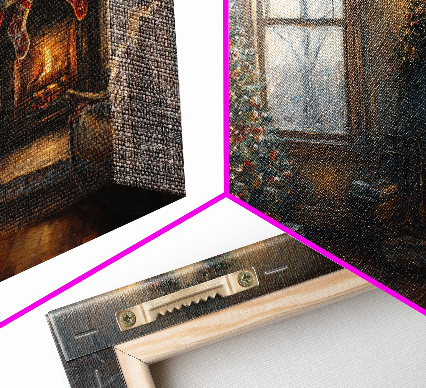 Traditional Christmas Living Room Framed Canvas Print with Tree and Stockings, Rustic Christmas Decor, Best Holiday Gift Wall Art