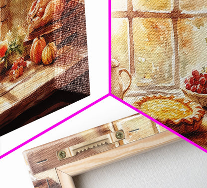 Thanksgiving table scene with food, pies and fall decor, Framed Canvas Print with pumpkins sunlight, autumn harvest home wall art and decor