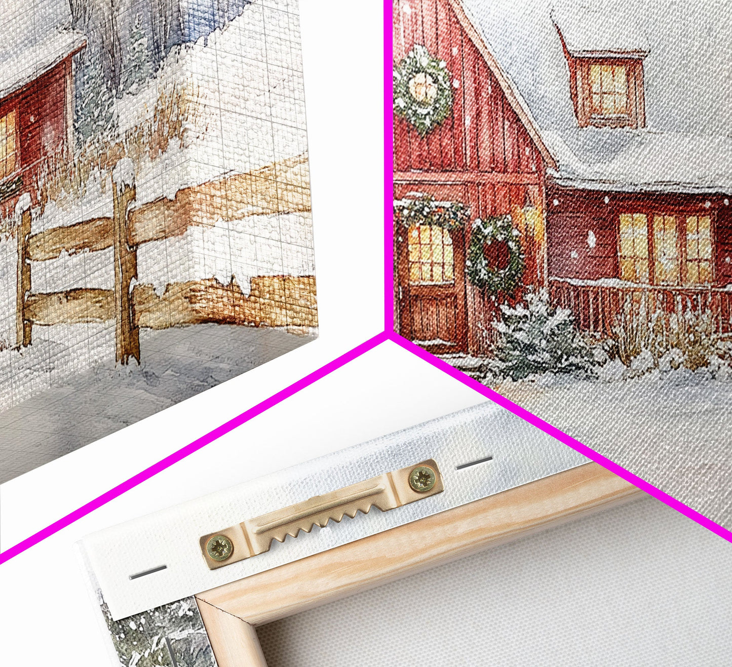 Snowy red farmhouse with wreaths and holiday lights, framed canvas print, perfect Christmas holiday decor or winter wall art display