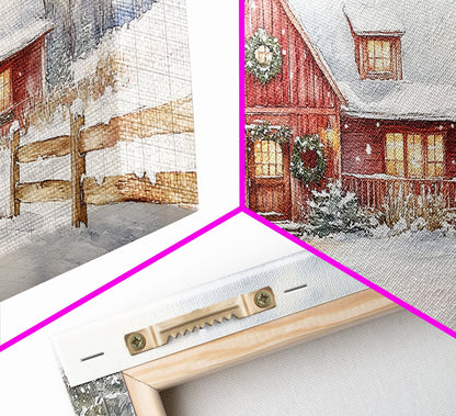 Snowy red farmhouse with wreaths and holiday lights, framed canvas print, perfect Christmas holiday decor or winter wall art display