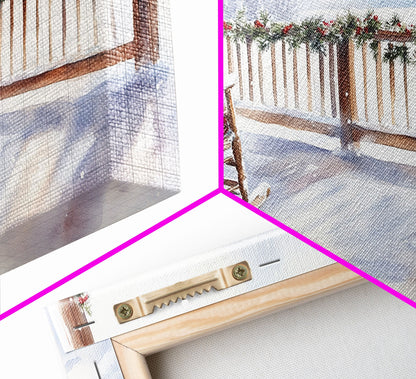 Snowy porch with rocking chair and plaid blanket, framed canvas print, Christmas decor perfect rustic holiday winter wall art