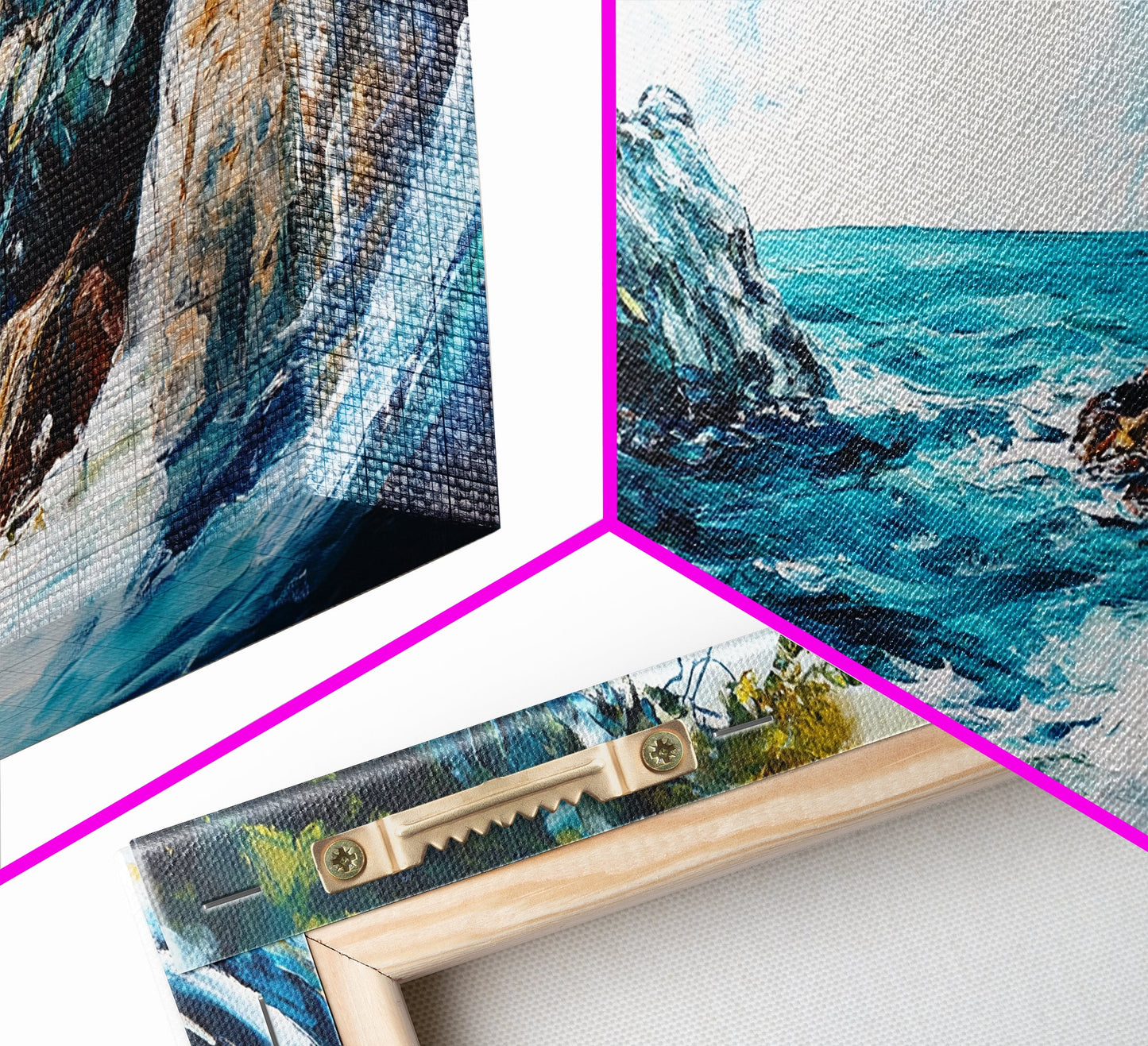 Ocean Cave, coastal landscape art, seascape painting, blue and green wall art, framed canvas print, extra wide art, beach painting