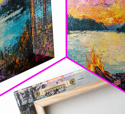 Campfire by Lake, Mountain Painting, Landscape Art, Moody Art, Framed Canvas Print, Above Sofa Art, Wabi Sabi Art, Rustic Decor