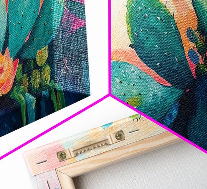 Prickly Pear Cactus, agave painting, southwest wall art, boho art, pink orange wall art, extra wide art, Framed Canvas Print