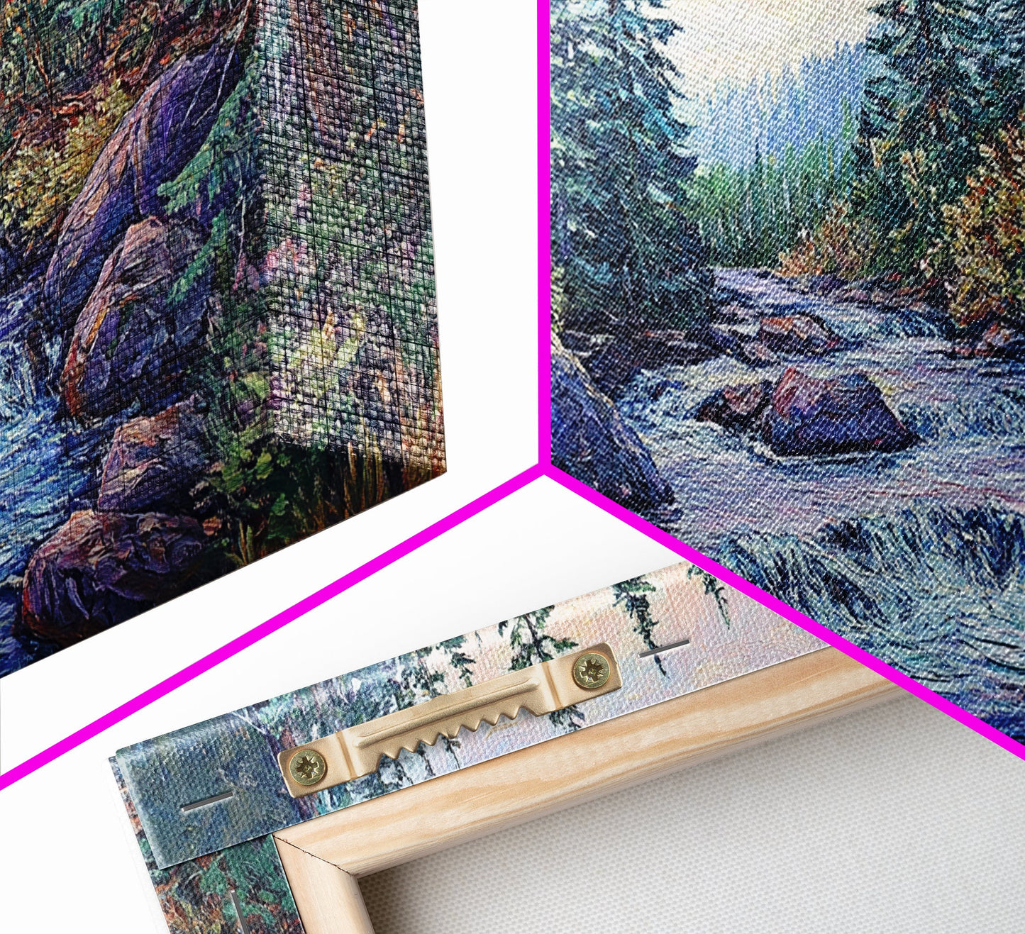 Forest River Scene, pine tree art, mountain painting, landscape painting, smoky mountain art, rustic decor, Framed Canvas Print