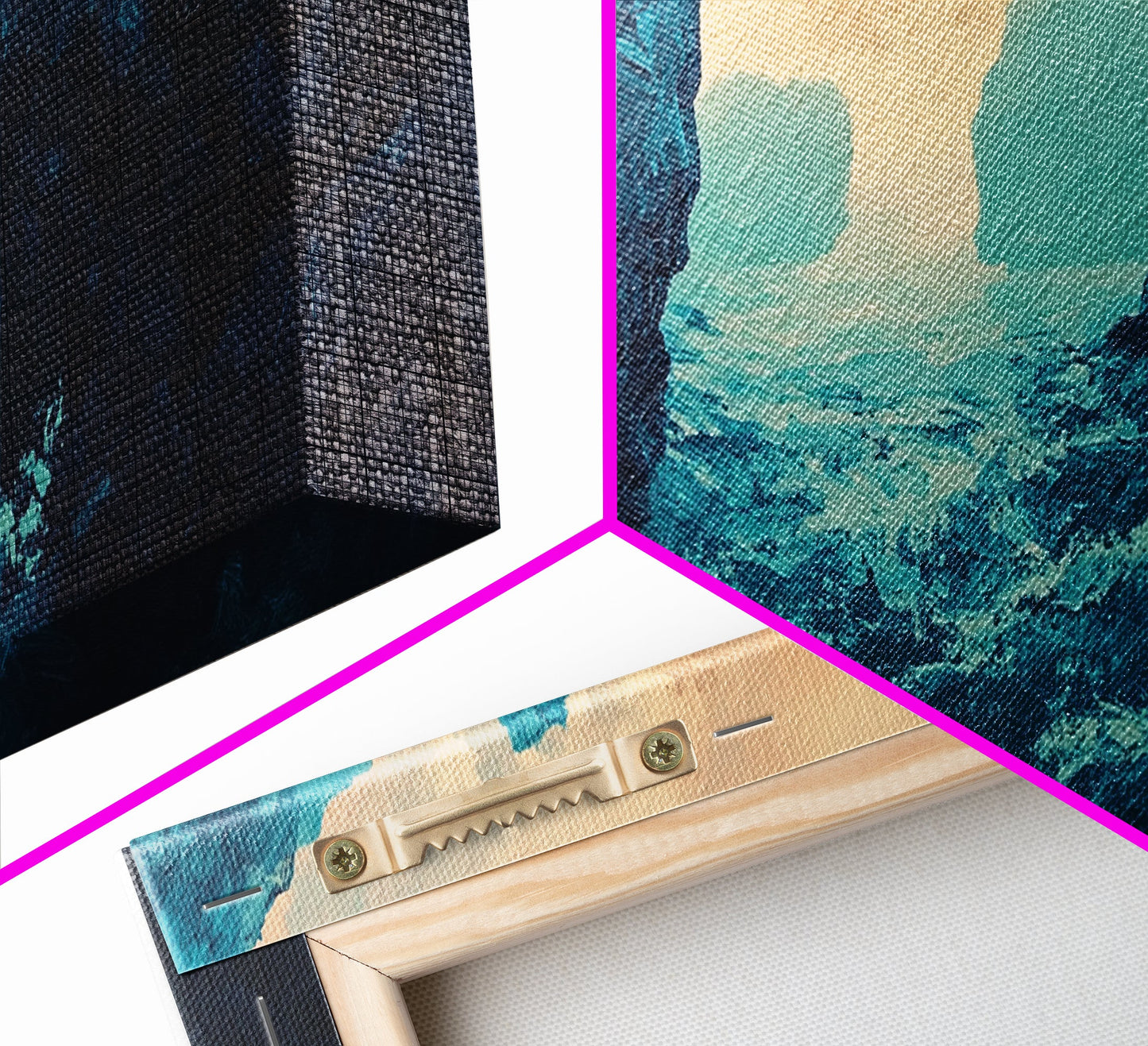 Moody Landscape, dramatic canyon, abstract oil painting, blue and green wall art, panoramic art, Framed Canvas Print, extra wide art