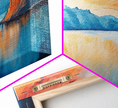 Mountain Lake Painting, Landscape Art, Lake Tahoe Art, Smoky Mountain Art, Rustic Decor, Sunset Wall Art, Extra Wide Art, Framed Canvas Print