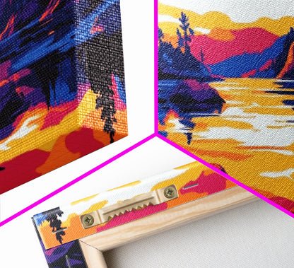 Golden Sunset, Rocky River, Mountain Reflection, Canvas Print, Rustic Lodge Wall Art, Autumn Home Decor, Warm Nature Painting, Colorful Art