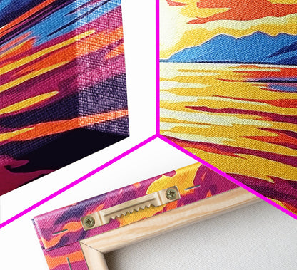 Sunset Glow, Serene Lake Reflection, Mountain Landscape Art, Vibrant Sky Painting, Framed Canvas Print, Office Wall Decor, Modern Home Art