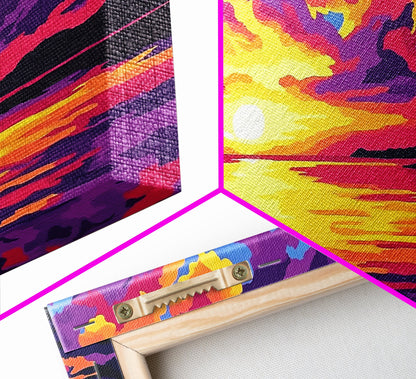 Dramatic Beach Sunset, Vibrant Sky Art, Colorful Coastal Print, Bold Nature Painting, Modern Home Wall Decor, Framed Canvas Print