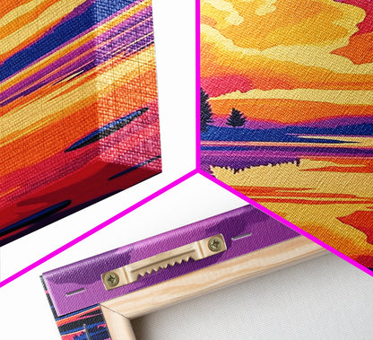 Tranquil Lake, Vibrant Sunset, Reflection Art, Serene Scene, Framed Canvas Print, Living Room Wall Art, Nature Decor, Landscape Painting