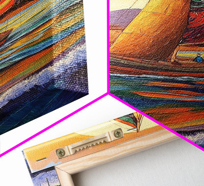 Colorful Sailboat, Coastal Adventure, Sunset Sea, Nautical Art, Living Room Wall Art, Tropical Decor, Framed Canvas Print, Ocean Vibes