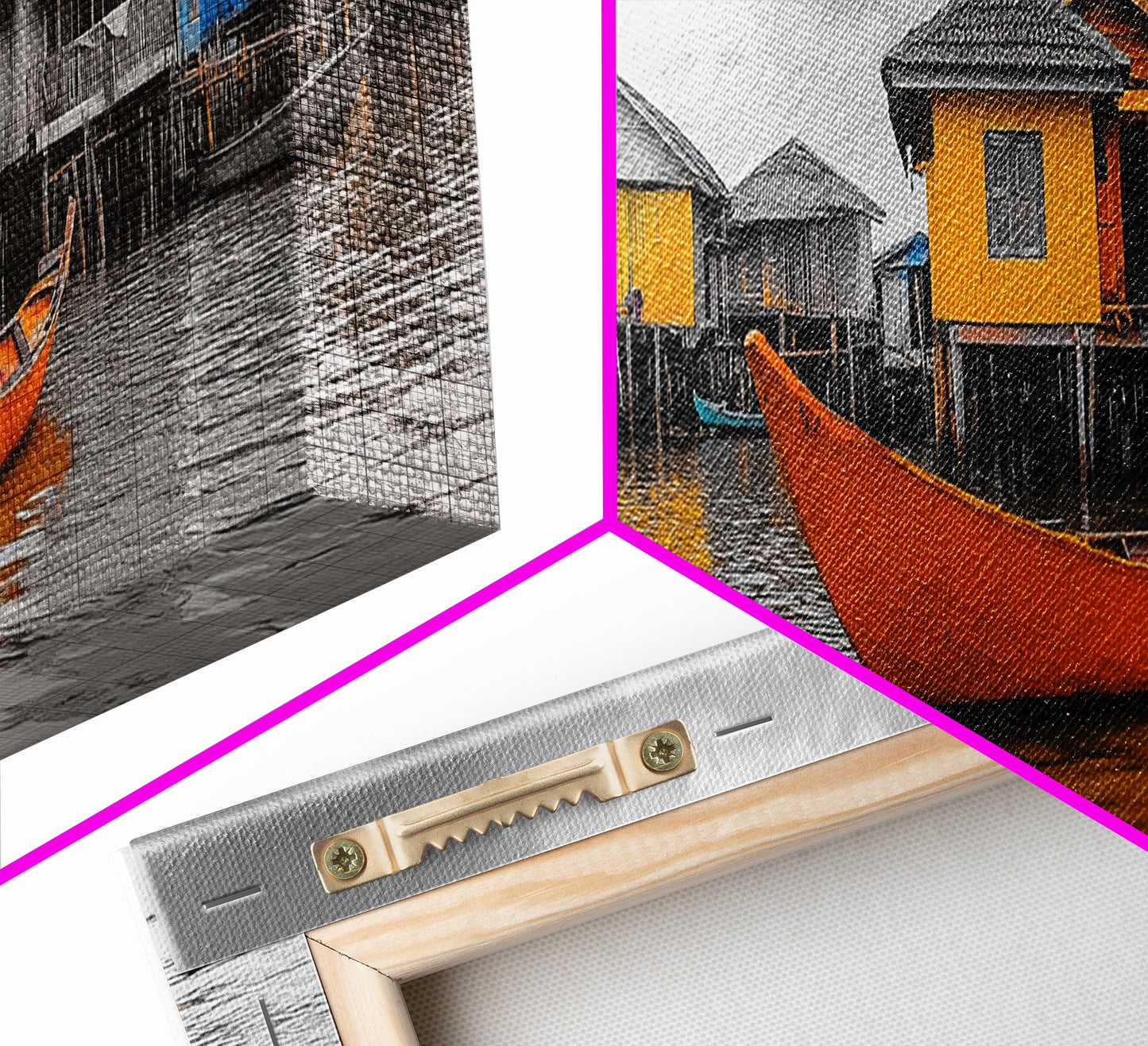 Colorful House Boats, Yellow Stilt Village, Framed Canvas Print, Vibrant Coastal Wall Art, Travel Photography, Living Room Accent Decor