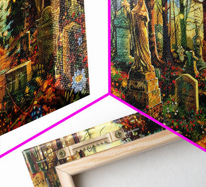 Colorful Haunted Grave Yard In The Spring Time, Framed Canvas Print, Spooky Wall Art, Halloween Spooky Season Decor