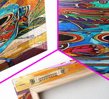 Colorful Tribal Art Painting Framed on Canvas, Spanish Style Canvas Painting, Vertical Framed Art for Living Room, Modern Canvas Art