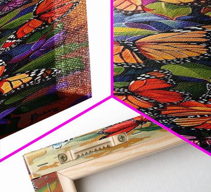 Colorful Butterfly Vertical Framed Canvas Oil Painting, Abstract Botanical Wall Art, Gouache Style Painted Art, Housewarming Gift for Her