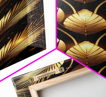 Gold Leaf Pattern on Black Background - Framed Canvas Print, Midcentury Modern Art, Skinny Art, Tall Art, Living Room Wall Decor, Minimalist Art