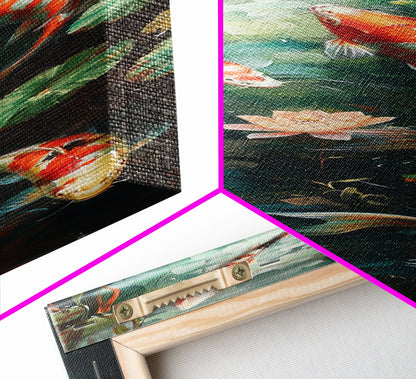 Mystic Forest Pond Koi Fish Boho Farmhouse Wall Art Framed Canvas Print Tall Art Japanese Style Art