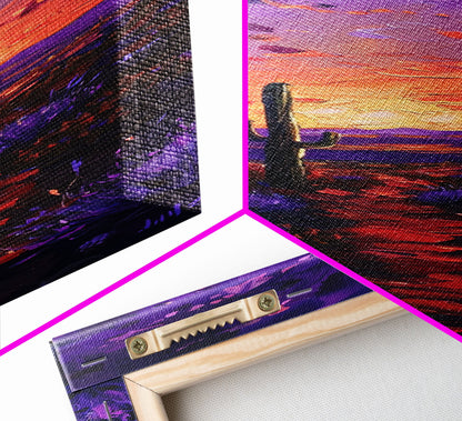 Colorful Sunset Over a Desert Landscape with a Saguaro Cactus and Dramatic Sky on a Framed Canvas Print Skinny Art Piece