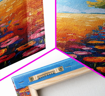 Colorful Wildflowers in a Field with a Lone Tree Under a Bright Blue Sky on a Framed Canvas Print Tall Art Piece