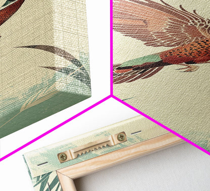 Japanese Skinny Art of Pheasant in Flight with Graceful Wings and Earthy Tones – Framed Canvas Print