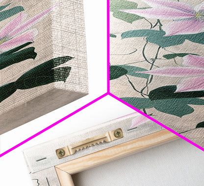 Skinny Art Clematis Vine In Japanese Style Wood Block Print Soft Pink Flowers On Framed Canvas Print, Tall Art Ukiyo-e