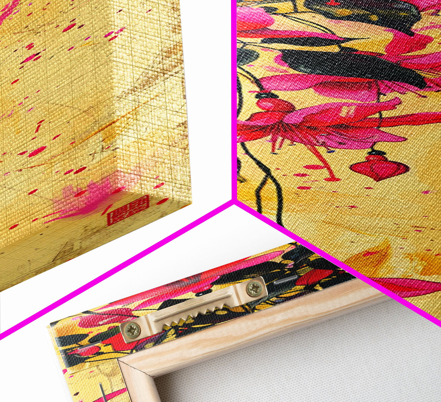 Skinny Art Tall Art Framed Canvas Print Bold Fuchsia Flowers In Dynamic Composition Over A Vibrant Yellow Background Ukiyo-e Japanese Style Art