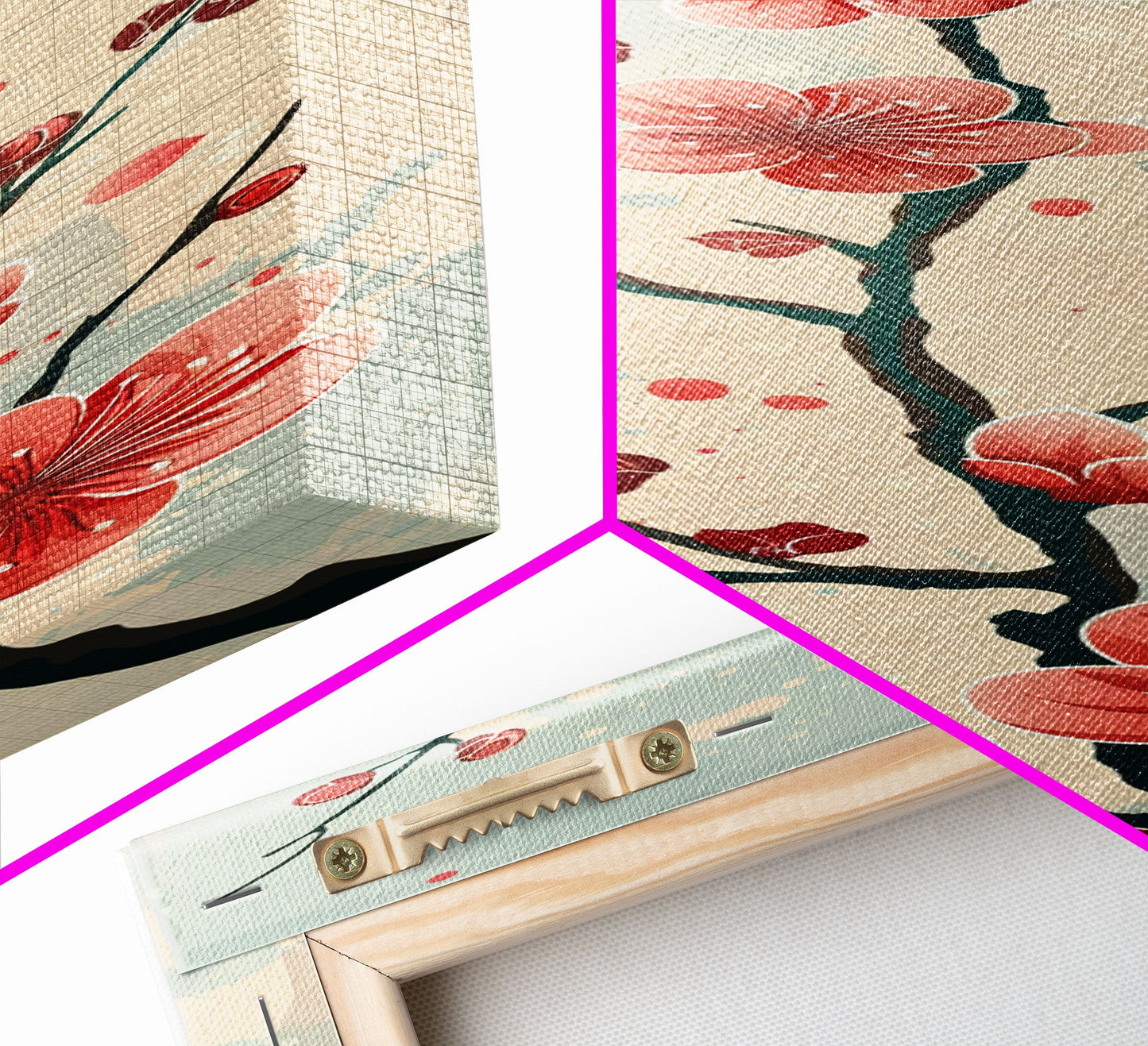 Peach Blossoms On Branch With Soft Pastel Background Tall Art Skinny Art Framed Canvas Print Japanese Style Art Ukiyo-e Wood Block Print