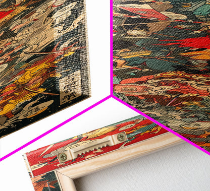 Complex Samurai Battle Scene With Mythical Creatures Framed Canvas Print Ukiyo-e Wall Art Wood Block Print Tall Art Japanese Style Skinny Art