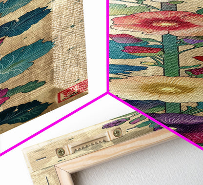 Colorful Hollyhock Flowers Traditional Japanese Woodblock Style Tall Skinny Framed Canvas Print Wall Art