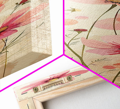 Delicate Pink Flowers with Tall Stems on a Subtle Beige Background Ukiyo-e Art Japanese Framed Canvas Print Skinny Tall Art