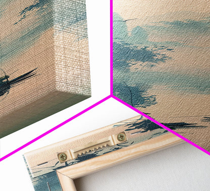 Tranquil Fishermen In Early Morning Misty Lake Scene Ukiyo-e Wood Block Skinny Tall Framed Canvas Print Japanese Style Art