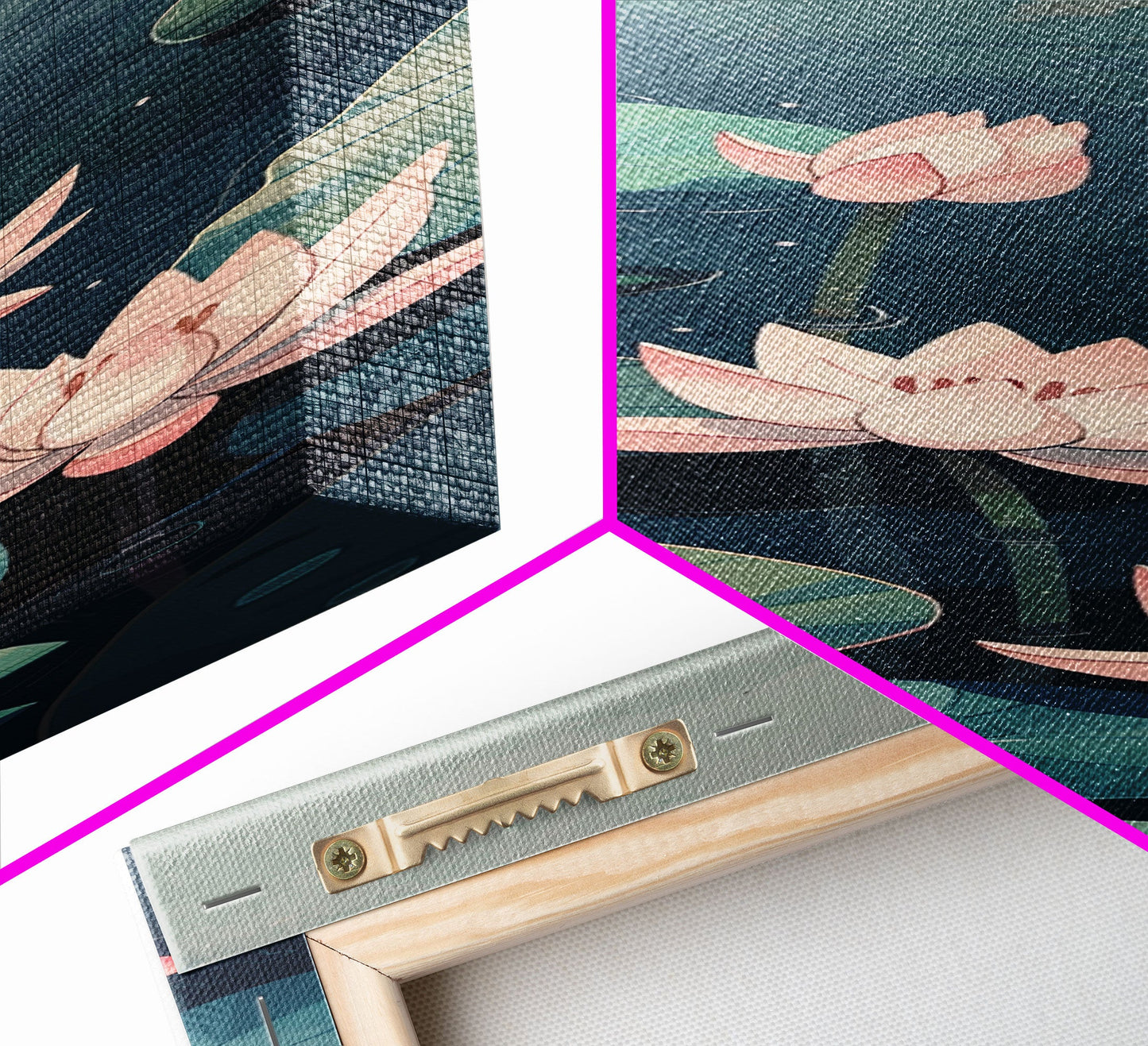 Calm Water Lilies Floating On Still Pond With Subtle Ripples Ukiyo-e Skinny Tall Wood Block Framed Canvas Print Japanese Style Art