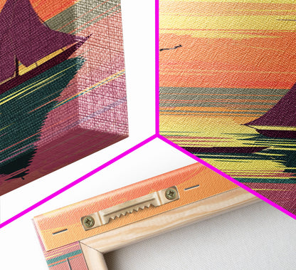 Sailing Boats In The Sunset Over Serene Waters In Japanese Style Ukiyo-e Art Framed Canvas Print Skinny Art Tall Art