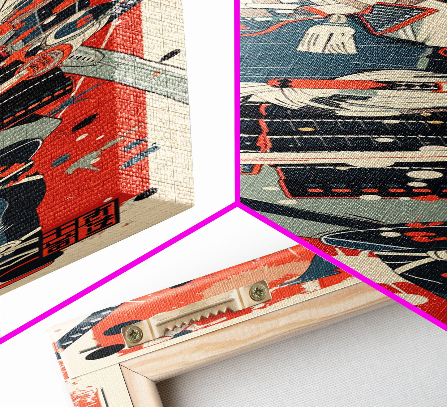 Tall Skinny Art Japanese Style Wood Block Print Samurai Warrior In Full Armor On A Red Background For Framed Canvas Print In Ukiyo-e Style