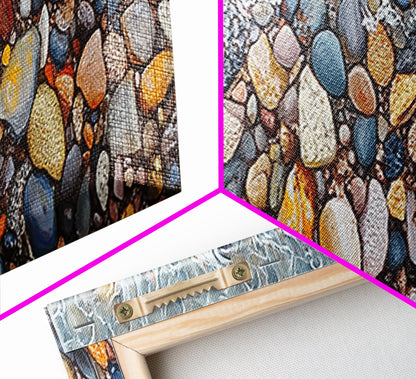 Coastal decor, ocean pebble art, beach rock painting, nautical wall art, seascape painting, long narrow wall art, canvas print