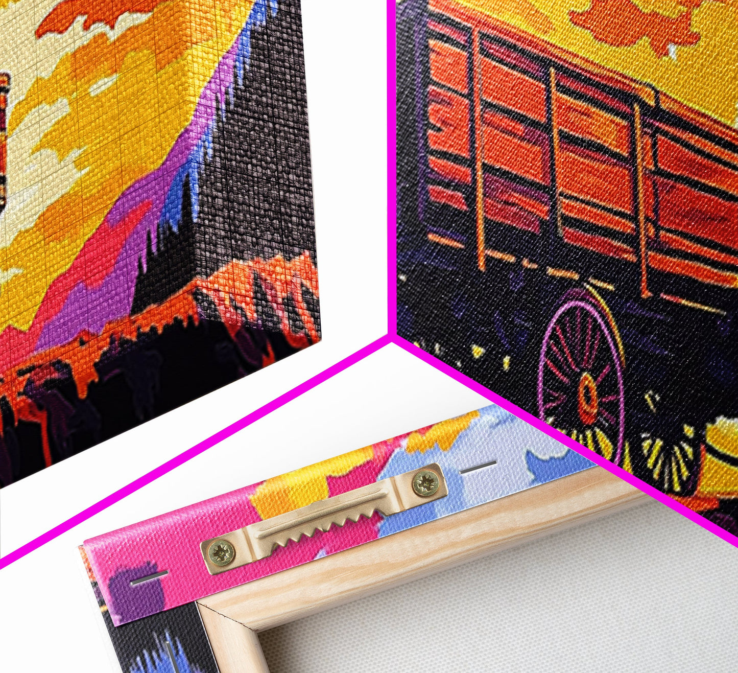 Sunset wagon, pink orange wall art, southwest wall art, geometric wall art, boho art, panoramic painting, framed canvas print, rustic decor