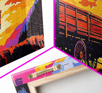 Sunset wagon, pink orange wall art, southwest wall art, geometric wall art, boho art, panoramic painting, framed canvas print, rustic decor