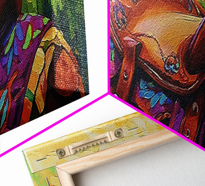 Colorful Saddle Painting, cowboy decor, vibrant rustic wall art, western style art, boho art, southwestern wall art, framed canvas print