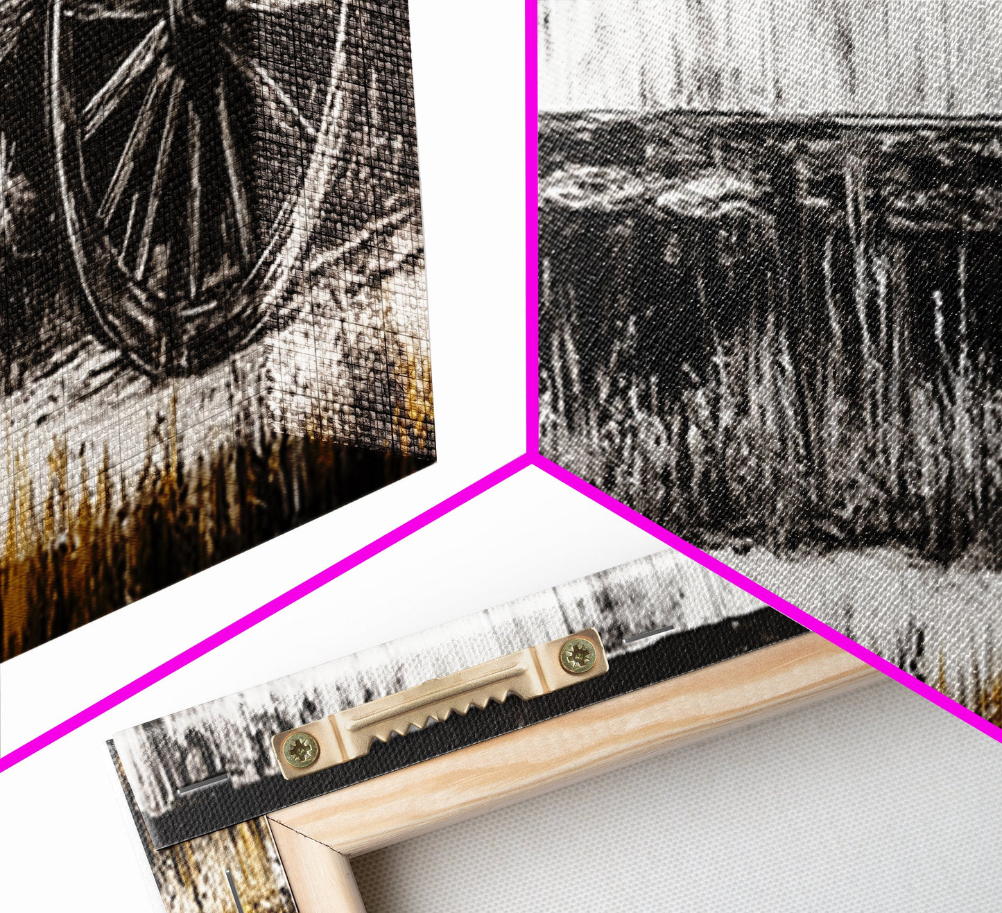 Wagon Wheel, barn landscape oil painting, black and white art, rustic decor, farmhouse art, extra wide art, Framed Canvas Print, moody art