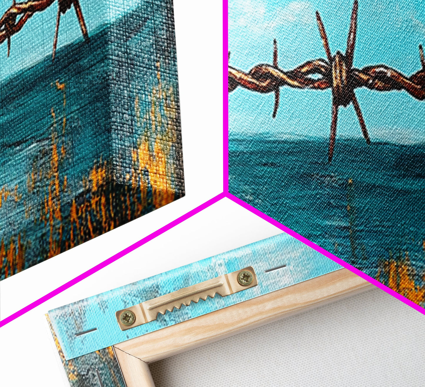 Barbed Wire Ocean, coastal decor, rustic art, farmhouse painting, minimalist painting, extra wide art, framed canvas print, moody art