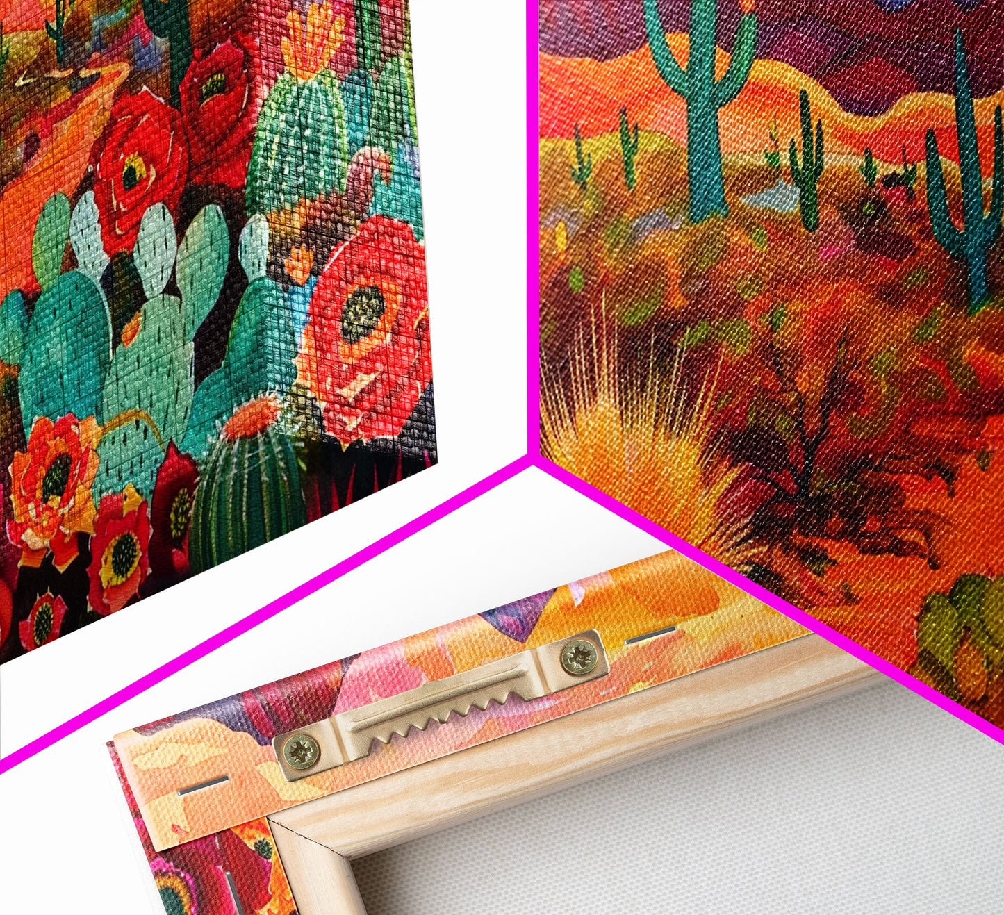 Vibrant desert scene with cacti and blooming flowers, Framed Canvas Print for boho living room, southwestern home decor art