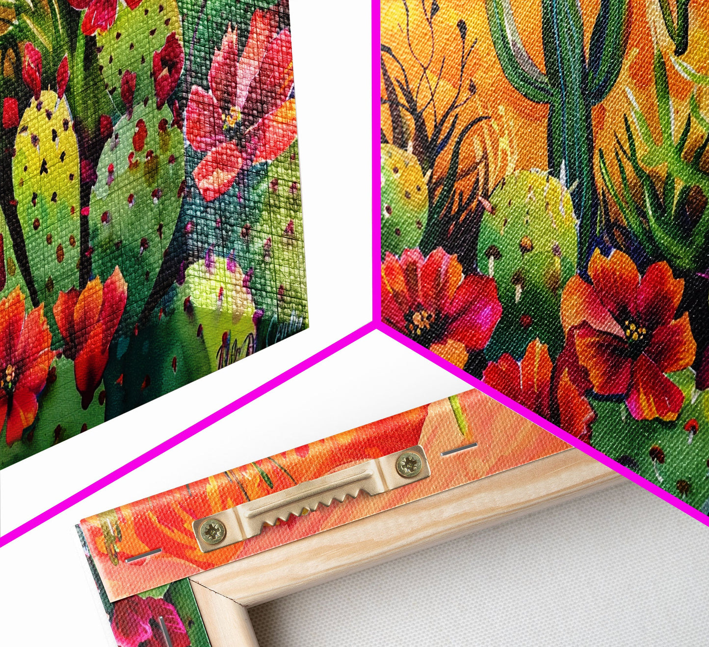 Colorful cactus garden in desert sunset, Framed Canvas Print, perfect for farmhouse living room, bohemian wall art