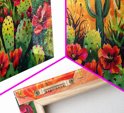 Colorful cactus garden in desert sunset, Framed Canvas Print, perfect for farmhouse living room, bohemian wall art