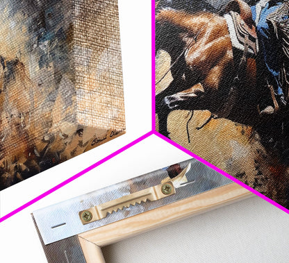 Intense Rodeo Bucking Horse and Cowboy, Vibrant Framed Canvas Print, Great for Western Living Room Art, Bedroom Decor, Rustic Home Wall Art
