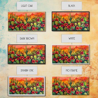 Colorful cactus garden in desert sunset, Framed Canvas Print, perfect for farmhouse living room, bohemian wall art